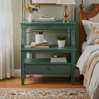 Sunvega Vintage Green Storage Nightstand with Drawer and Pull Out Tray