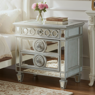 Sunvega Mirrored Finish Nightstand with 2 Storage Drawers and Wooden Frame