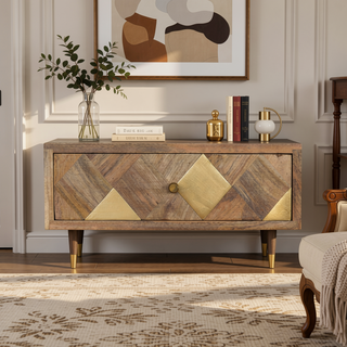 Sunvega Solid Mango Wood Wall-Mounted Nightstand with Brass Inlay Drawer and Gold Finish