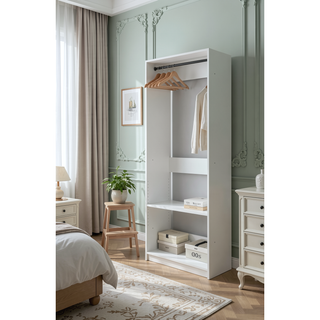 Sunvega White Wood Freestanding Walk-in Closet with Two Rods and Oak Finish