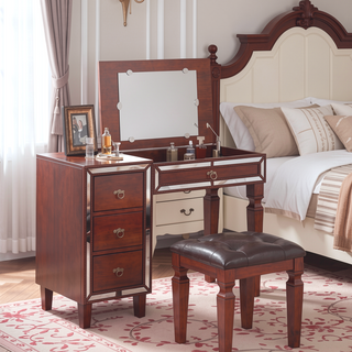 Sunvega Traditional Cherry Wood Vanity Set with Tufted Stool and Storage Drawers