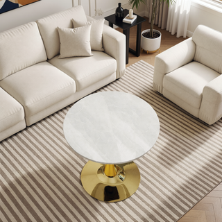 Sunvega Round White Pedestal Side Table with Marble Effect Top for Living Room