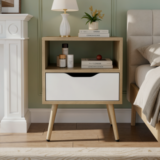 Sunvega Natural Oak and White Modern Nightstand with Drawer and Open Shelf