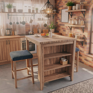 Sunvega 3-Piece Counter Height Table Set with Oak Finish and Upholstered Stools