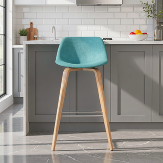 Sunvega Mid-Century Modern Bentwood Bar Stools with Aqua Blue Fabric and Chrome Footrest