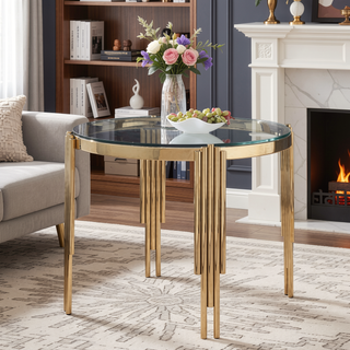 Sunvega Modern Round Tempered Glass Dining Table with Golden Stainless Steel Frame