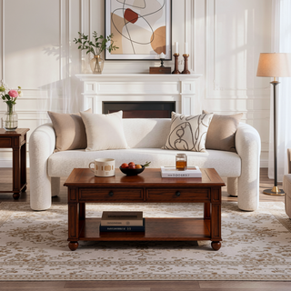 Sunvega Contemporary Fully Upholstered Oval Bench with Boucle Fabric for Living Room