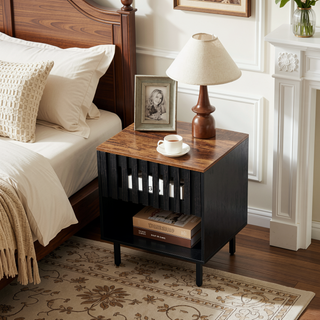 Sunvega Mid Century Modern Nightstand with Grille Striped Doors and Metal Legs