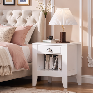 Sunvega Modern Mid Century Nightstand with Drawer and Open Storage Shelf
