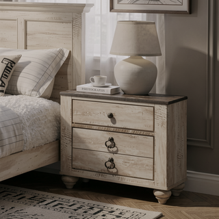 Sunvega Antique Brown Patched Wood Top Nightstand with Three Spacious Drawers