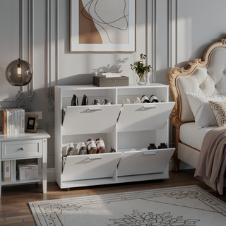 Sunvega Four-Door Shoe Cabinet with Multiple Shelves for Organized Storage White