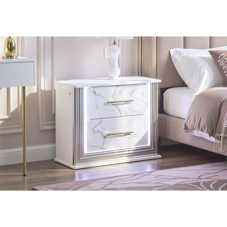 Sunvega Desire Nightstand with Marble-Inspired Drawer Fronts and Integrated LED Side Lighting