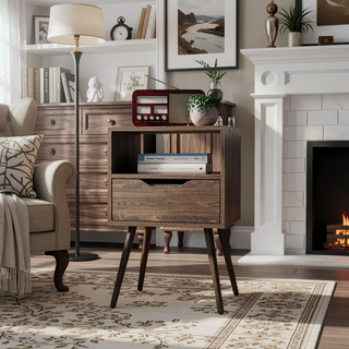 Sunvega Superior Top Dark Walnut Nightstand with Open Shelf and Drawer