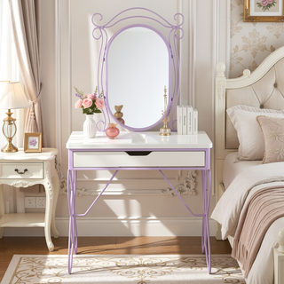 Sunvega Elegant Butterfly Design White PU Leather Finish Vanity Set with Stool