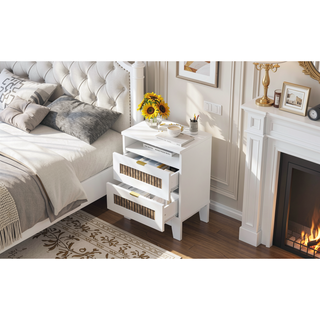 Sunvega White Farmhouse Queen Platform Bed with Wooden Strip Decoration and Plywood Slats