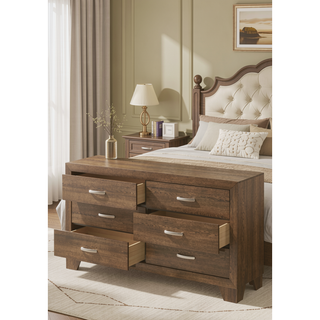 Sunvega Modern Oak Finish Dresser with Six Spacious Drawers for Bedroom