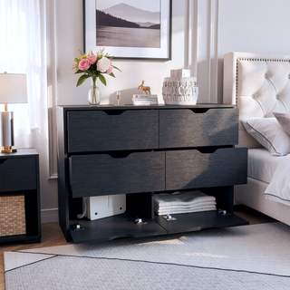 Sunvega Black Dresser with 4 Large Drawers and 2 Bottom Cabinets for Storage