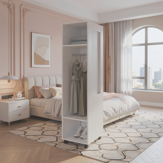 Sunvega Wenge 3-Shelf Wardrobe with Mirror and Open Storage for Bedroom