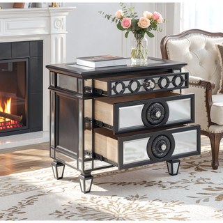 Sunvega Mirrored Nightstand with Black and Silver Finish Geometric Trim