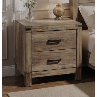 Sunvega Contemporary Rustic Two Drawer Nightstand with Melamine Finish and Solid Metal Hardware