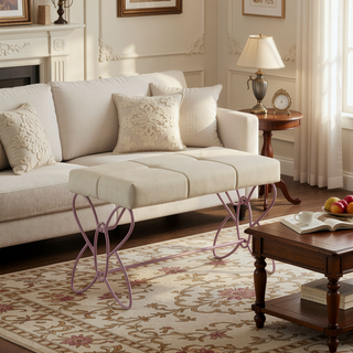 Sunvega Butterfly Design Armless Bench with Padded White Faux Leather Seat