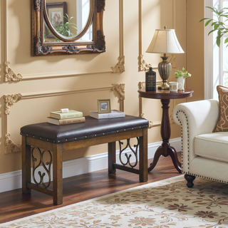 Sunvega Weathered Cherry Finish Bench with PU Leather Cushion and 16" Floor Clearance