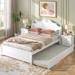 Sunvega White Twin Trundle Bed with Storage Headboard and Bookcase