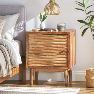 Sunvega Handcrafted Acacia Wood Boho Nightstand with One-Door Cabinet Storage
