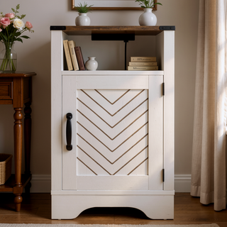 Sunvega White Oak Farmhouse Nightstand with Charging Station and Ample Storage