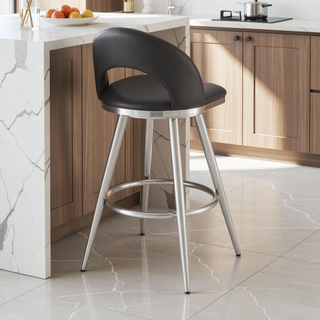 Sunvega 26 Inch Swivel Counter Stool in Brushed Stainless Steel and Black Faux Leather