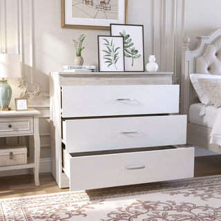 Sunvega Three-Drawer Dresser with Metal Hardware and Superior Top Light Gray White
