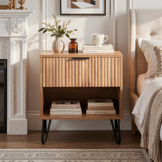 Sunvega Modern Glam Nightstand with Gold Metal Legs and Textured Drawer