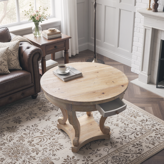 Sunvega Small Round Natural Wood Side Table with Two Storage Drawers