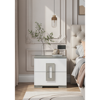 Sunvega Sleek White Modern Nightstand with Two Spacious Drawers for Bedside