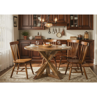 Sunvega Weathered Oak Finish Round Pedestal Dining Table with Wooden X-Design Base