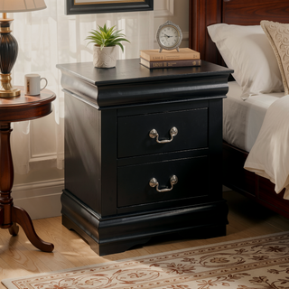 Sunvega Sleek Black Nightstand with Two Spacious Drawers and Brushed Nickel Handles