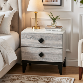 Sunvega Cream Oak Nightstand with Faux Marble Top and Rustic Wood Accents