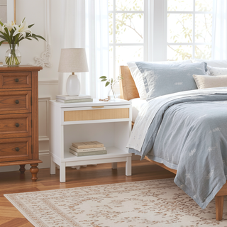 Sunvega White Coastal Nightstand with Cane Drawer and Gold Pull