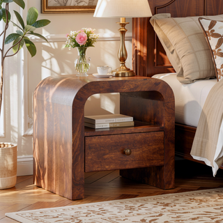 Sunvega Handcrafted Solid Mango Wood Chestnut Nightstand with Drawer and Shelf