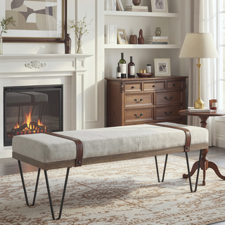 Sunvega Karis Beige Upholstered Accent Bench with Leatherette Straps and Nailhead Studs