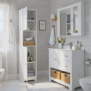 Sunvega 68 Inch High Linen Cabinet with Two Single Doors and Five Shelves