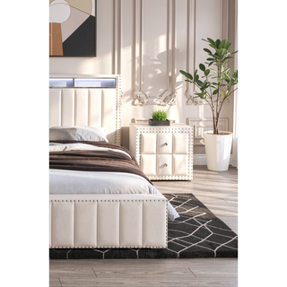Sunvega Beige Contemporary Nightstand with Crystal Knobs and Vertical Tufting
