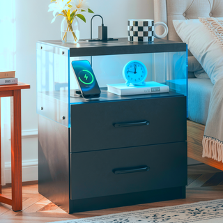 Sunvega Modern LED Nightstand with Adjustable Lights and 2 Drawers for Bedroom