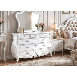 Sunvega Pearl White Dresser with Ornate Carvings and Spacious Storage Drawers
