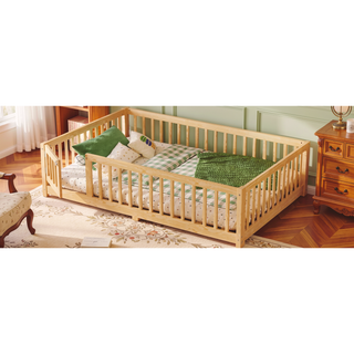Sunvega Twin Size Floor Bed with Safety Guardrails and Door for Kids in Natural