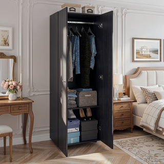 Sunvega 2-Door Black Armoire with Hanging Rod and Storage Shelf for Bedroom
