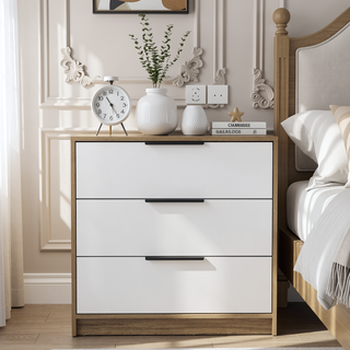 Sunvega Modern 3 Drawer Dresser with Spacious Top Surface in White and Light Oak