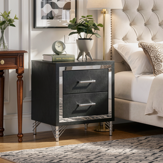 Sunvega Malcolm Black Modern Two-Drawer Nightstand with Gleaming Chrome Trim