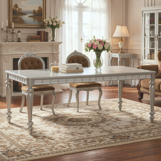 Sunvega Silver Finish Rectangular Dining Table with Mirror Trim and Draw Leaf