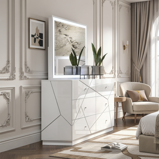 Sunvega Ultra Modern White Finish Nightstand with 2 Drawers and Embossed Lines Design